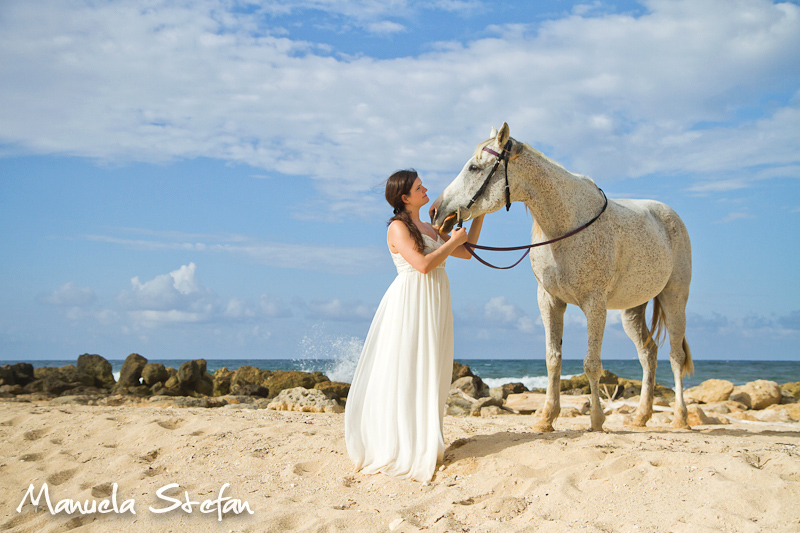 Bride and horse on the beach