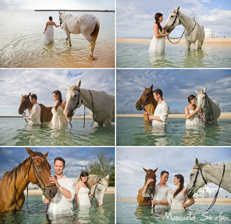 Couple with horses in the ocean